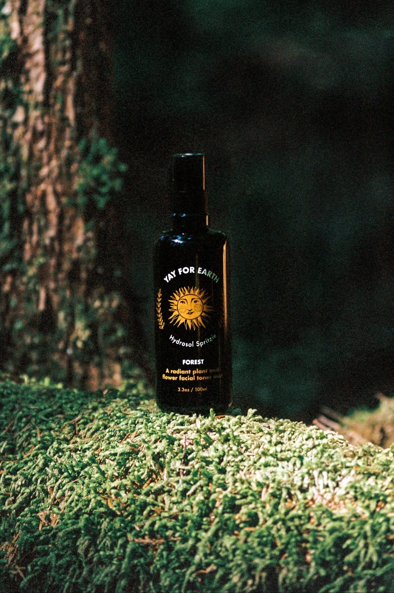 A bottle of Hydrosol Spritzie - Yay for Earth Forest  spray standing on a mossy log in a forest setting