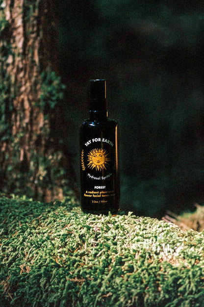A bottle of Hydrosol Spritzie - Yay for Earth Forest  spray standing on a mossy log in a forest setting
