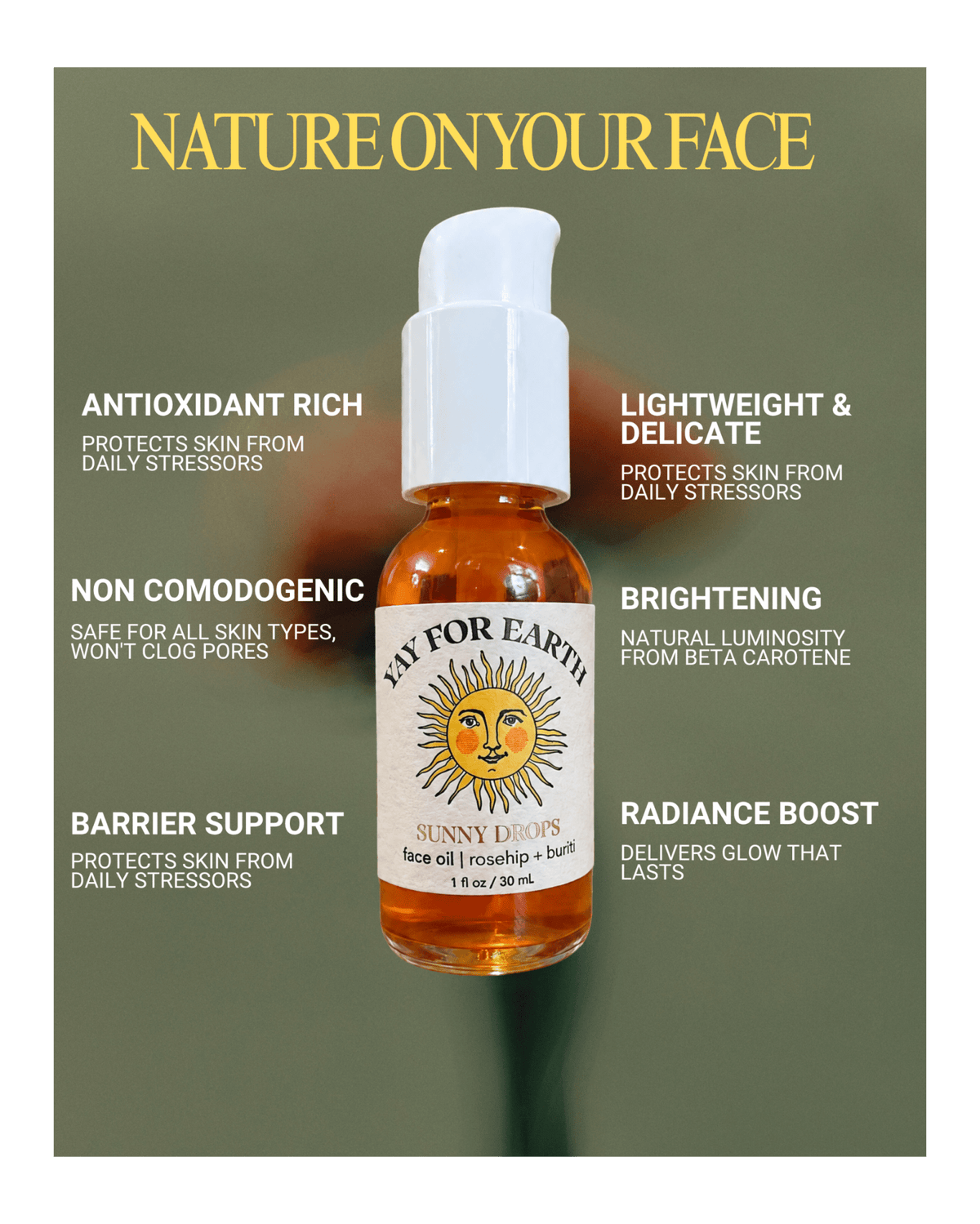 A bottle of Yay For Earth Sunny Drops facial oil serum centered on a muted olive background with marketing text around it. The product is a small clear glass dropper bottle with a white pump and a white label featuring a sun face logo.
