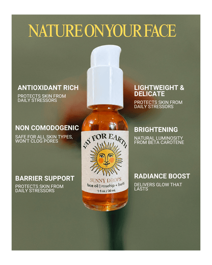 A bottle of Yay For Earth Sunny Drops facial oil serum centered on a muted olive background with marketing text around it. The product is a small clear glass dropper bottle with a white pump and a white label featuring a sun face logo.